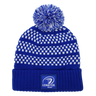 The Leinster Knitted Bobble Hat 24/25 by Castore is a blue and white beanie with a pom-pom and features a "Leinster Rugby" logo patch on the folded brim.