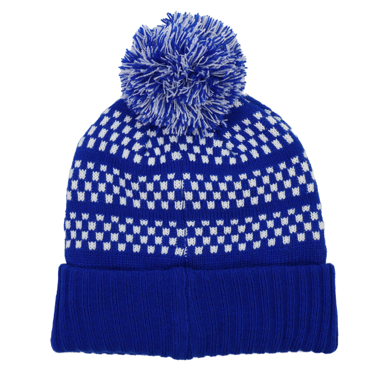 The Leinster Knitted Bobble Hat 24/25 by Castore features a blue knit design, white geometric pattern, folded brim, and a blue and white pom-pom—ideal for Leinster fans or casual wear.