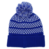 The Leinster Knitted Bobble Hat 24/25 by Castore features a blue knit design, white geometric pattern, folded brim, and a blue and white pom-pom—ideal for Leinster fans or casual wear.