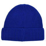 The Leinster Knitted Beanie 24/25 by Castore is a plain blue beanie with a folded brim, perfect as a rugby accessory, shown on a white background.