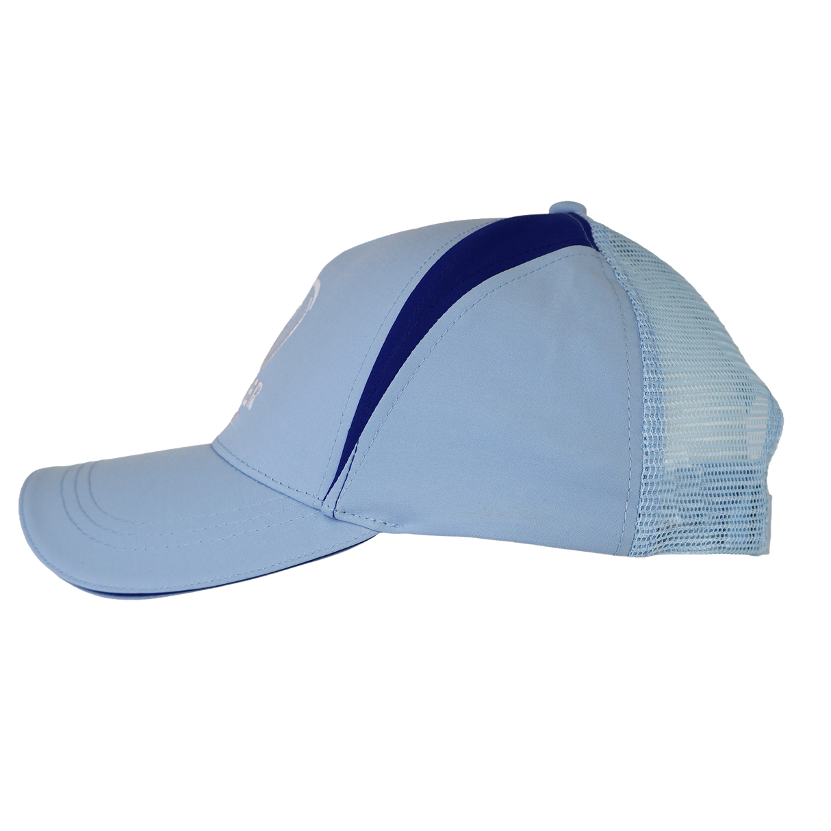The Leinster Club Cap 24/25 by Castore features a light blue design, curved brim, dark blue accent stripe, and mesh back panel—shown side profile on white. The ideal rugby hat for fans.