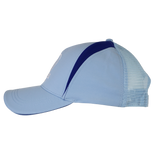 The Leinster Club Cap 24/25 by Castore features a light blue design, curved brim, dark blue accent stripe, and mesh back panel—shown side profile on white. The ideal rugby hat for fans.