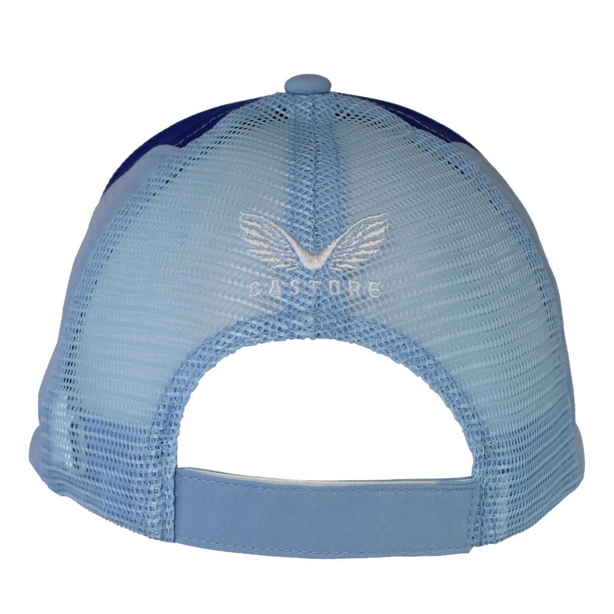 The Leinster Club Cap 24/25 by Castore is a light blue mesh trucker cap, shown from the back with an adjustable strap and embroidered winged CASORE logo—a stylish pick for rugby fans.