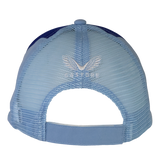 The Leinster Club Cap 24/25 by Castore is a light blue mesh trucker cap, shown from the back with an adjustable strap and embroidered winged CASORE logo—a stylish pick for rugby fans.