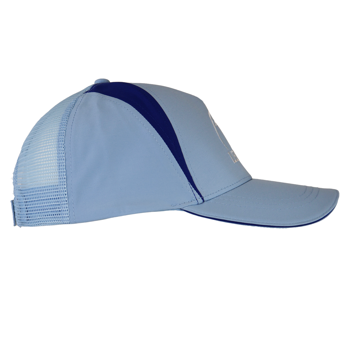 The Leinster Club Cap 24/25 by Castore features a light blue solid front, mesh back, and a darker blue side stripe. The cap, shown from the left side, is an official Castore product.
