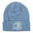 The Leinster Club Beanie 24/25 by Castore is a light blue knit beanie with a folded brim, featuring white embroidered Leinster Rugby logo and text on the front—ideal for any fan.