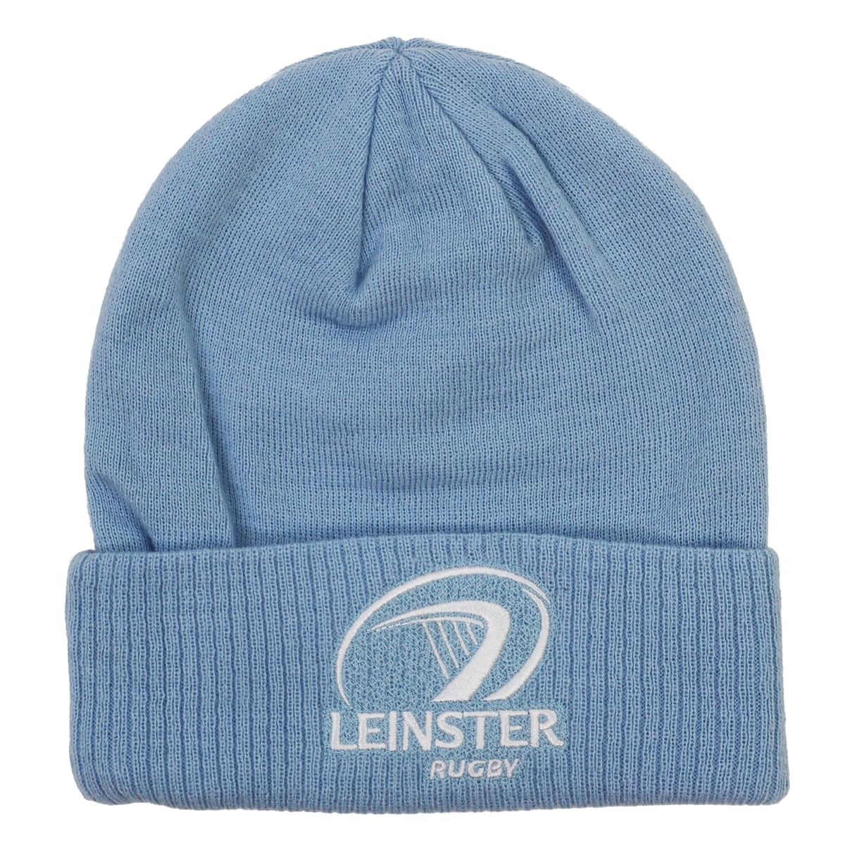 The Leinster Club Beanie 24/25 by Castore is a light blue knit beanie with a folded brim, featuring white embroidered Leinster Rugby logo and text on the front—ideal for any fan.