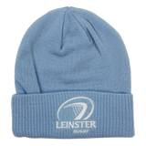 The Leinster Club Beanie 24/25 by Castore is a light blue knit beanie with a folded brim, featuring white embroidered Leinster Rugby logo and text on the front—ideal for any fan.