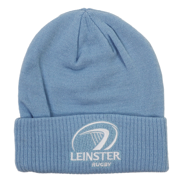 The Leinster Club Beanie 24/25 by Castore is a light blue knit beanie with a folded brim, featuring white embroidered Leinster Rugby logo and text on the front—ideal for any fan.