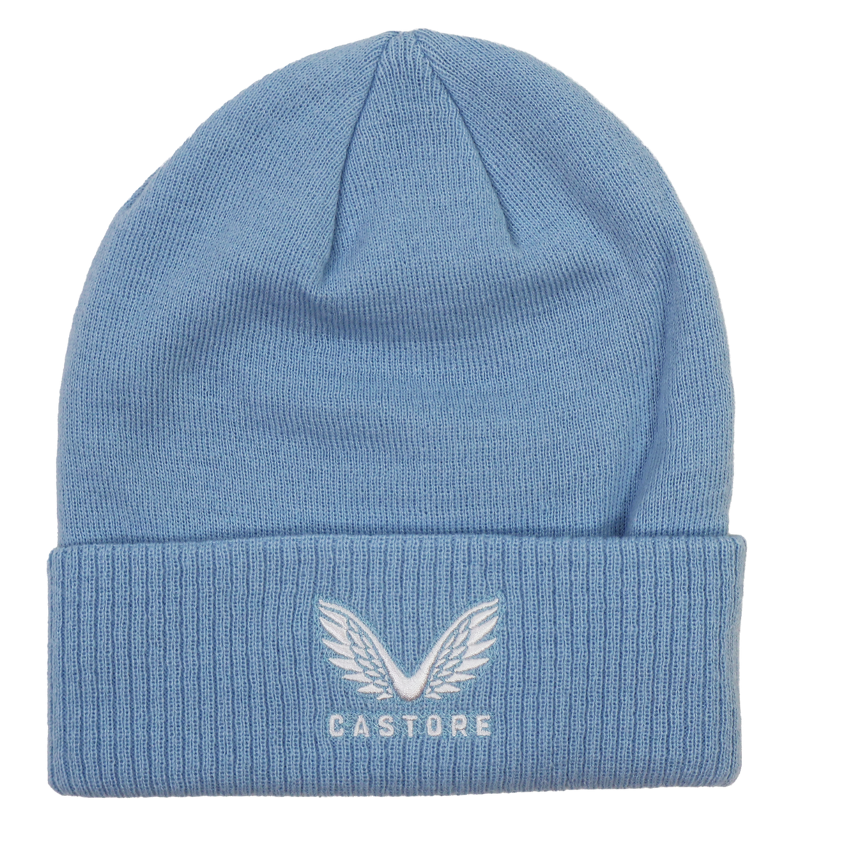 The Leinster Club Beanie 24/25 by Castore is a light blue knit beanie with a folded brim, featuring a white winged logo and "Castore" embroidered on the front—ideal for Leinster Rugby fans.
