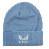 The Leinster Club Beanie 24/25 by Castore is a light blue knit beanie with a folded brim, featuring a white winged logo and "Castore" embroidered on the front—ideal for Leinster Rugby fans.