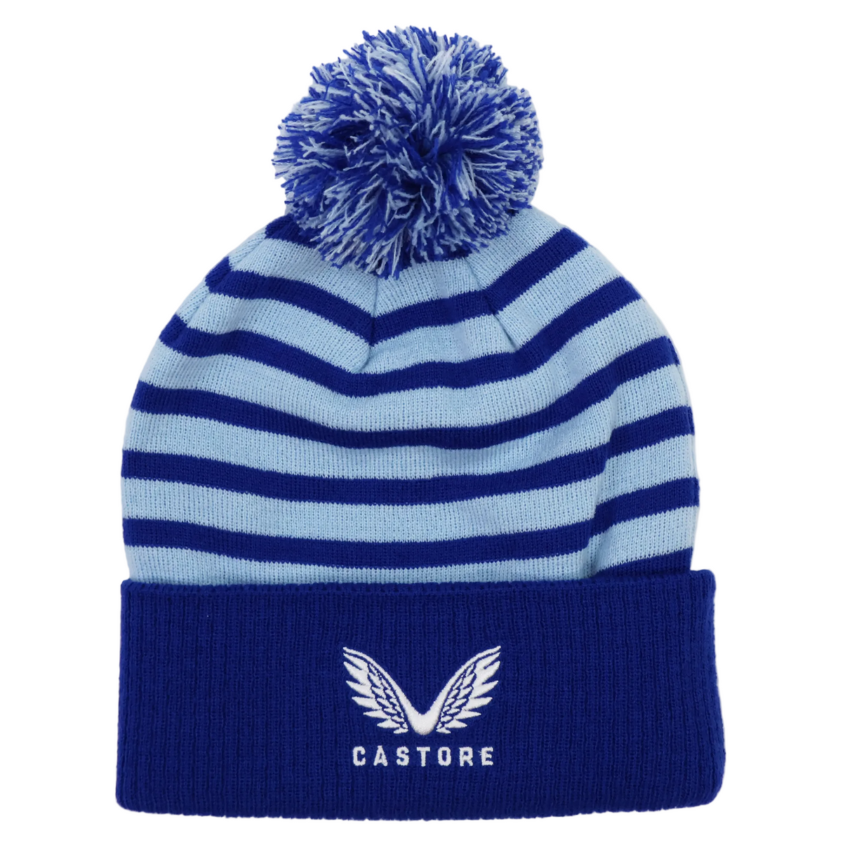 The Leinster Club Bobble Beanie 24/25 by Castore features blue and light blue stripes, a pom-pom on top, and an embroidered winged Castore logo on the folded brim.