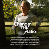 A woman runs outdoors on a sunny day; overlaid text announces Momentous’ $500,000 commitment to close the gender gap in health science, supporting initiatives like The Women’s Three™ daily health system and iron supplements.