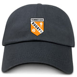 The University of Tennessee Adult Low-Profile Cotton Twill Dad Cap by EMB S&S Activewear features a black cotton twill build and a Tennessee Rugby logo patch with an orange and black shield, white text, and embroidered team branding.