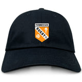 The University of Tennessee Adult Low-Profile Cotton Twill Dad Cap by EMB S&S Activewear is black with an embroidered orange, black, and white “Tennessee Rugby Est. 1970” patch on the front.