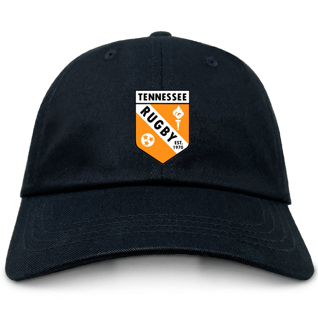 The University of Tennessee Adult Low-Profile Cotton Twill Dad Cap by EMB S&S Activewear is black with an embroidered orange, black, and white “Tennessee Rugby Est. 1970” patch on the front.