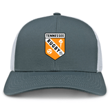 The EMB S&S Activewear University of Tennessee Retro Trucker Cap features a gray and white design, a front Tennessee Rugby logo patch, and an adjustable snapback closure.