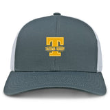 The Tacoma Tsunami Rugby Retro Trucker Cap by EMB S&S Activewear features a gray and white design, an embroidered yellow "TACOMA RUGBY" logo with a bold "T" on the front, and a classic snapback closure.