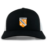 The University of Tennessee Retro Trucker Cap by EMB S&S Activewear features a black and white design with the Tennessee Rugby logo in orange, black, and white on the front, plus an embroidered finish and adjustable snapback closure.