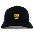 The Tacoma Tsunami Rugby Retro Trucker Cap by EMB S&S Activewear is a black and white trucker hat with a yellow embroidered "T" logo, "Tacoma Rugby" on the front, and an adjustable snapback closure.