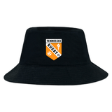 The EMB S&S Activewear University of Tennessee Crusher Bucket Cap is a black cotton twill hat with an orange, white, and black Tennessee Rugby crest—ideal as a custom-made cap for fans and players.
