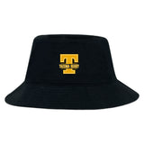 The EMB S&S Activewear Tacoma Tsunami Rugby Crusher Bucket Cap is a black cotton twill hat with a bold yellow "T" and "Tacoma Rugby" embroidered on the front, providing stylish sun protection for rugby fans.