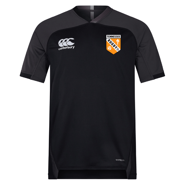 The University of Tennessee Vapodri Evader Jersey by Canterbury features short sleeves, moisture-wicking Vapodri tech, the EMB Canterbury logo on the right chest, and a Tennessee Rugby badge on the left chest.