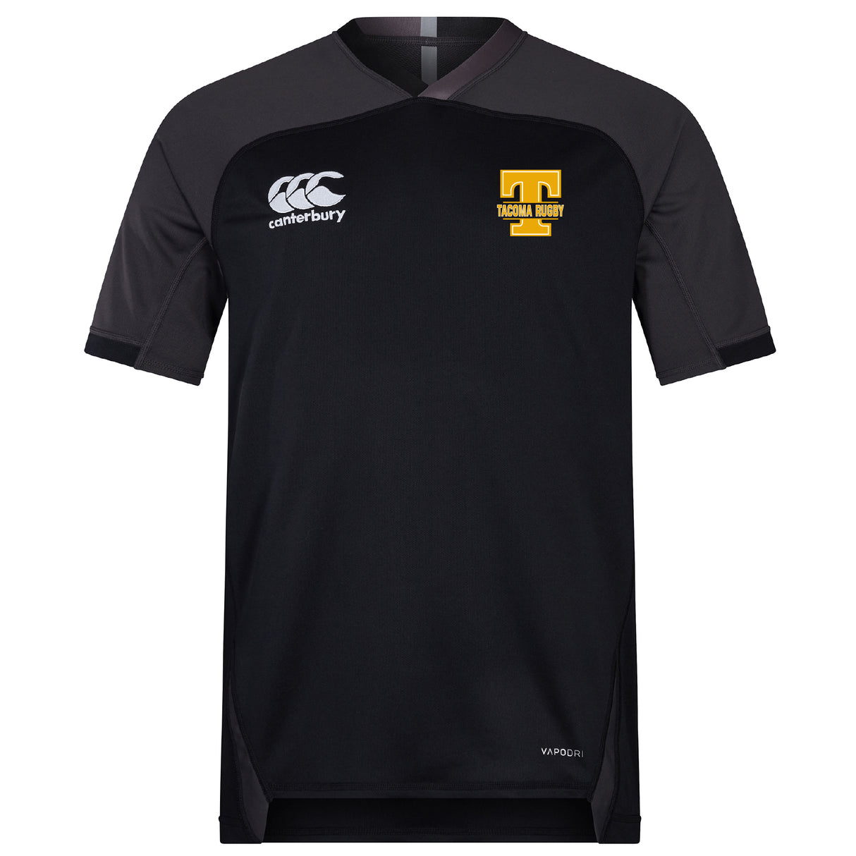 The EMB Canterbury Tacoma Tsunami Rugby Vapodri Evader Jersey is black, features moisture-wicking technology, a yellow "Tacoma Rugby" logo on the left chest, and a white Canterbury logo on the right.
