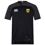 The EMB Canterbury Tacoma Tsunami Rugby Vapodri Evader Jersey is black, features moisture-wicking technology, a yellow "Tacoma Rugby" logo on the left chest, and a white Canterbury logo on the right.