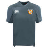 The EMB Canterbury University of Tennessee Vapodri Evader Jersey is a plain gray rugby jersey with moisture-wicking tech, featuring the Canterbury logo on the right chest and a Tennessee Rugby club badge on the left chest.