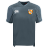 The EMB Canterbury University of Tennessee Vapodri Evader Jersey is a plain gray rugby jersey with moisture-wicking tech, featuring the Canterbury logo on the right chest and a Tennessee Rugby club badge on the left chest.