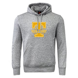 The Tacoma Tsunami Rugby Club Hoodie by WRS Canterbury is a gray hoodie with a front pocket, featuring a large yellow "T" and "Tacoma Rugby" in yellow printed on the chest.
