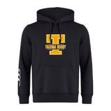 The Tacoma Tsunami Rugby Club Hoodie by WRS Canterbury features a black design with a large yellow "T" and "Tacoma Rugby" on the chest, plus a white stripe on the left sleeve—a classic rugby hoodie for fans and players.