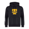 The Tacoma Tsunami Rugby Club Hoodie by WRS Canterbury features a black design with a large yellow "T" and "Tacoma Rugby" on the chest, plus a white stripe on the left sleeve—a classic rugby hoodie for fans and players.