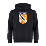 The University of Tennessee Club Hoodie by WRS Canterbury features a black design with a large "Tennessee Rugby" orange and white crest, rugby player graphic, and "Est. 1970" on the front.
