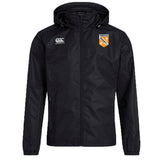 The University of Tennessee Club Vaposhield Full Zip Rain Jacket by EMB Canterbury features a black design, hood, zip front, right-chest Canterbury logo, left-chest Tennessee Rugby badge, and VapoShield tech for water resistance.