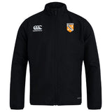 The University of Tennessee Club Track Jacket by EMB Canterbury is a black, lightweight, long-sleeve jacket featuring the Canterbury logo on the right chest and a Tennessee Rugby crest on the left—ideal for fans and players.