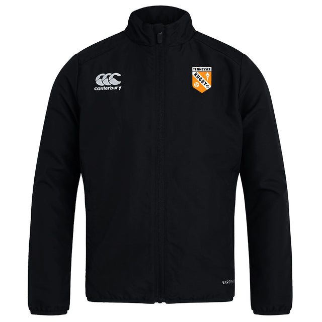 The University of Tennessee Club Track Jacket by EMB Canterbury is a black, lightweight, long-sleeve jacket featuring the Canterbury logo on the right chest and a Tennessee Rugby crest on the left—ideal for fans and players.