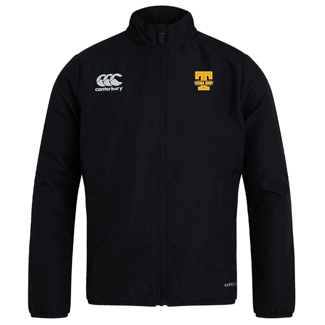 Show your club pride in the Tacoma Tsunami Rugby Club Track Jacket by EMB Canterbury, featuring a lightweight black design with the Canterbury logo on the right chest and a yellow "T" with "Tigers Rugby" on the left.