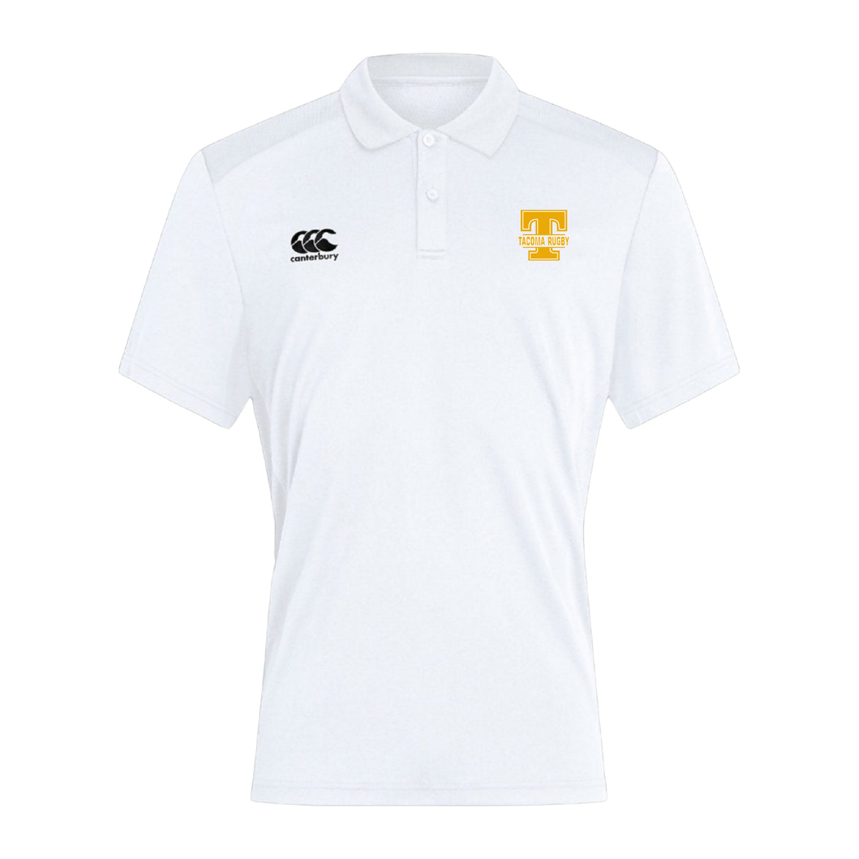 The EMB Canterbury Tacoma Tsunami Rugby Club Dry Polo is a white, short-sleeve collared shirt with breathable fabric, featuring a black Canterbury logo on the right chest and a gold "T" logo on the left.
