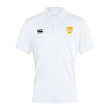 The EMB Canterbury Tacoma Tsunami Rugby Club Dry Polo is a white, short-sleeve collared shirt with breathable fabric, featuring a black Canterbury logo on the right chest and a gold "T" logo on the left.