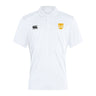 The EMB Canterbury Tacoma Tsunami Rugby Club Dry Polo is a white, short-sleeve collared shirt with breathable fabric, featuring a black Canterbury logo on the right chest and a gold "T" logo on the left.
