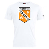 The University of Tennessee Club Plain Tee by WRS Canterbury is a cotton blend white t-shirt with a shield-shaped Tennessee Rugby logo in orange, black, and white featuring “EST. 1970,” a torch, and a star.