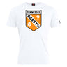 The University of Tennessee Club Plain Tee by WRS Canterbury is a cotton blend white t-shirt with a shield-shaped Tennessee Rugby logo in orange, black, and white featuring “EST. 1970,” a torch, and a star.