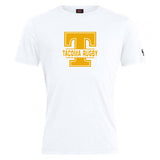 The Tacoma Tsunami Rugby Club Plain Tee by WRS Canterbury is a cotton blend white t-shirt with a large yellow "T" and "Tacoma Rugby" on the front.