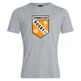 The University of Tennessee Club Plain Tee by WRS Canterbury is a light gray cotton blend shirt featuring a "Tennessee Rugby" logo with orange and black accents and "Est. 1970" on the front.
