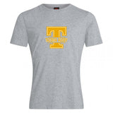 The Tacoma Tsunami Rugby Club Plain Tee by WRS Canterbury is a gray cotton blend short-sleeve t-shirt with a large yellow "T" and "TACOMA RUGBY" printed on the chest, combining comfort with sporty style.