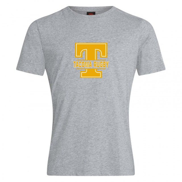 The Tacoma Tsunami Rugby Club Plain Tee by WRS Canterbury is a gray cotton blend short-sleeve t-shirt with a large yellow "T" and "TACOMA RUGBY" printed on the chest, combining comfort with sporty style.