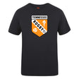 The University of Tennessee Club Plain Tee by WRS Canterbury is a black cotton blend t-shirt with a Tennessee Rugby orange and white logo, a torch, and "EST. 1970" on the front.