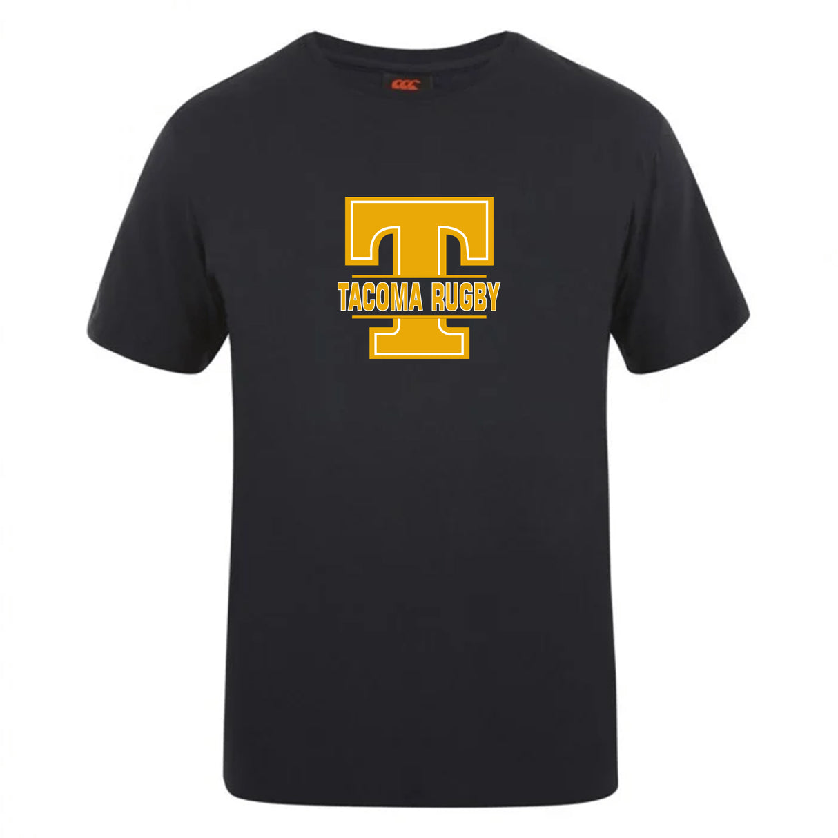 The Tacoma Tsunami Rugby Club Plain Tee by WRS Canterbury is a black cotton-blend shirt with a large yellow "T" and "Tacoma Rugby" in yellow text on the chest.